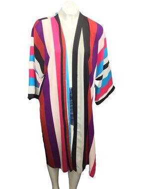 New York & Company Multi-Color Striped Top with Bright Blue Trim